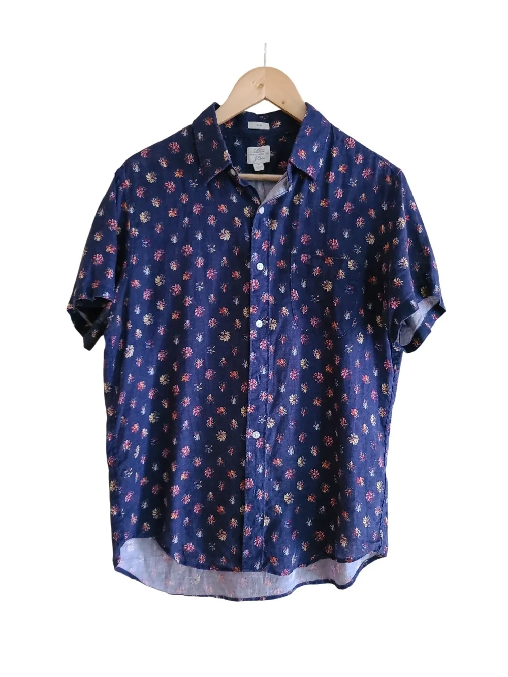 J.Crew X Albini Fabrics Italian 100% Linen Short-Sleeve Shirt Navy Blue Floral